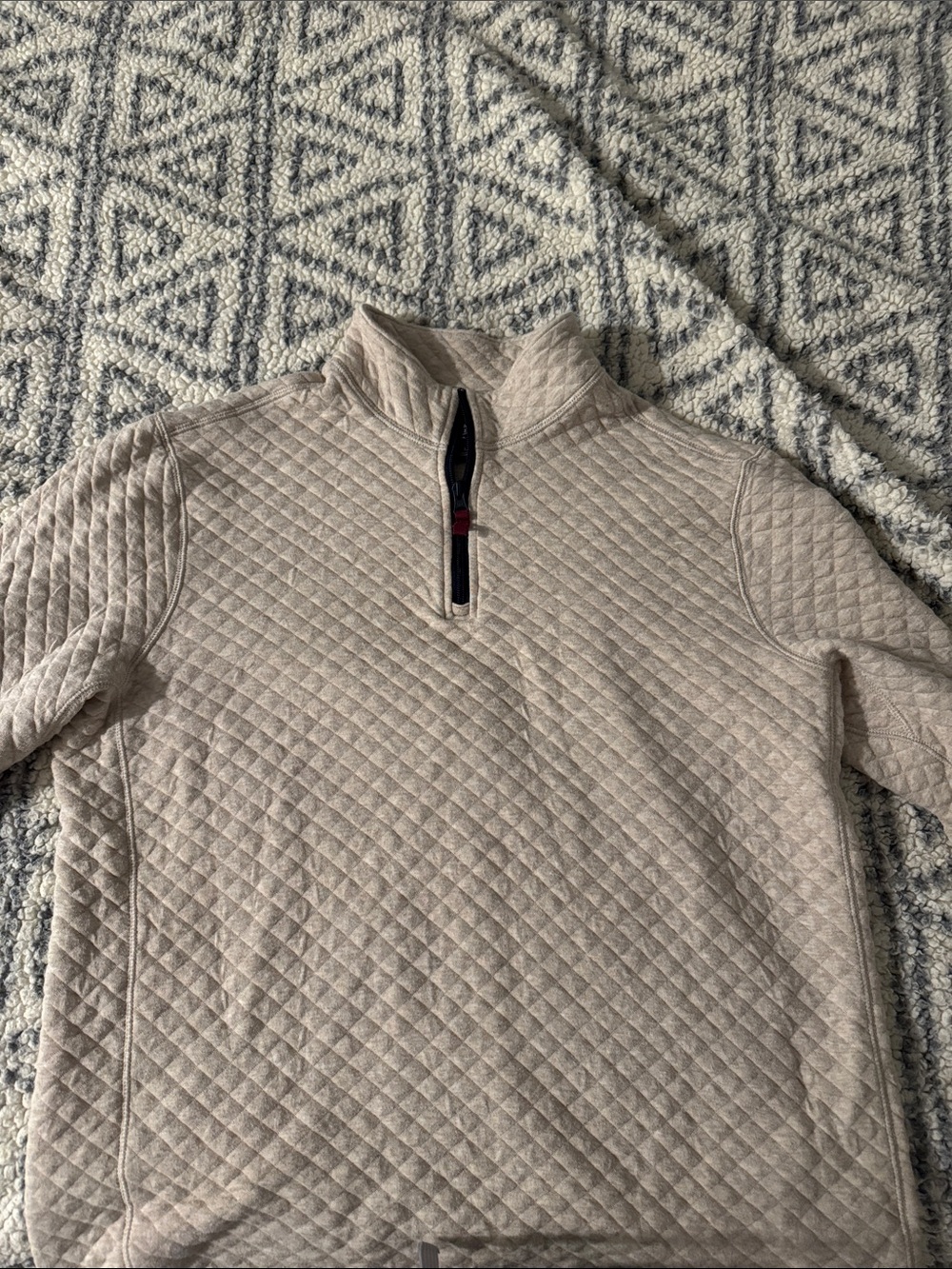 J. Crew Cream quilted Q zip with Burgundy Trim